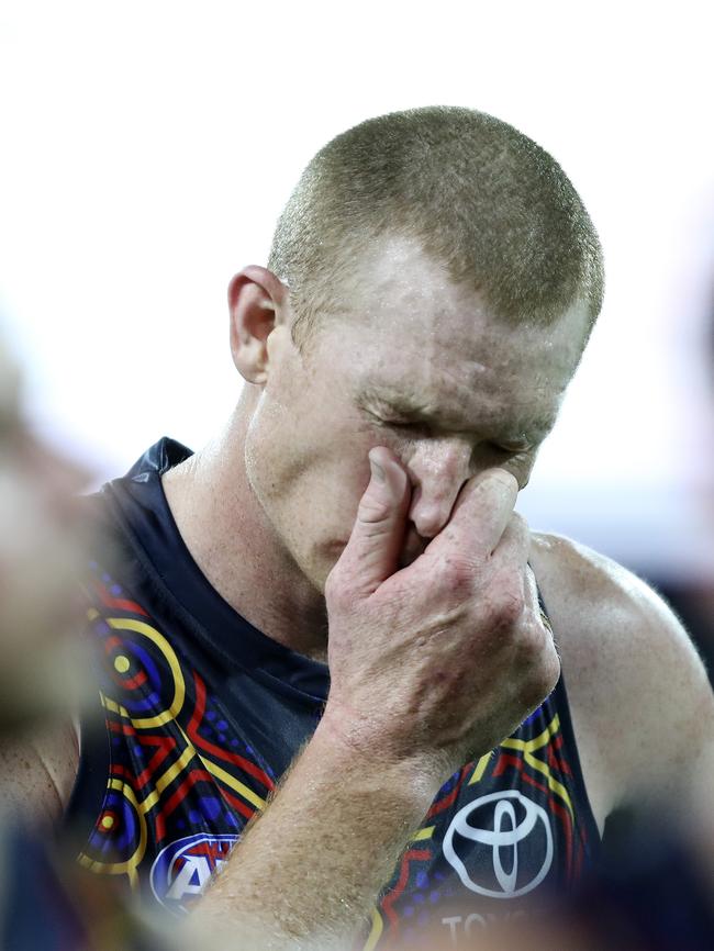 Sam Jacobs looks in discomfort after the loss. Picture Sarah Reed