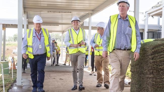 (From left) John Wagner, Deputy Premier Steven Miles, Neill Wagner and Denis Wagner tour the quarantine hub at Wellcamp Airport. Picture: Nev Madsen.