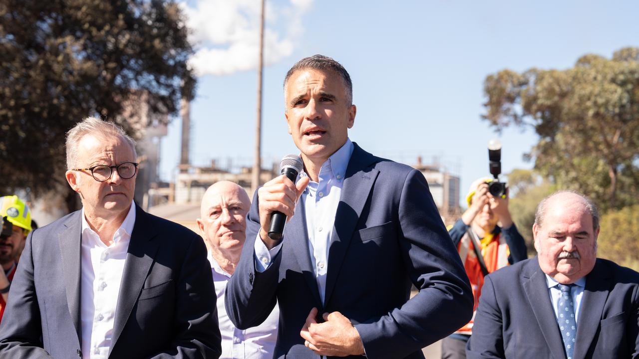 Prime Minister Anthony Albanese and SA Premier Peter Malinauskas speak with Whyalla steelworks workers in February. Picture: Tim Joy