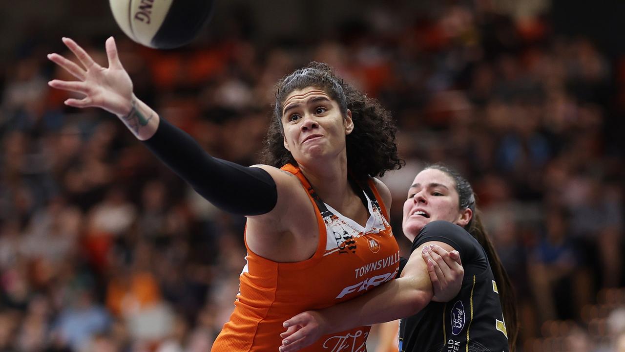 Amanda Zahui B of the Fire stretches for the ball during the WNBL match between UC Capitals and Townsville Fire at National Convention Centre, on December 10, 2023, in Canberra, Australia. (Photo by Mark Metcalfe/Getty Images)