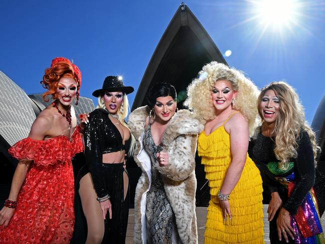 (L-R) Josie Baker, Charisma Belle, Carmen Geddit, Decoda Secret and Jacqui St Hyde pose for a photo during the Sydney Gay and Lesbian Mardi Gras WorldPride Bid Launch at the Sydney Opera House in June, 2019. The Sydney Gay and Lesbian Mardi Gras made a successful bid to host the biennial WorldPride in 2023 following support from the NSW government. (AAP Image/Joel Carrett)