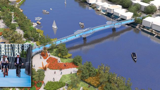 Artist Impressions of the proposed Chevron Island green bridge at the Gold Coast Cultural Precinct at Evandale