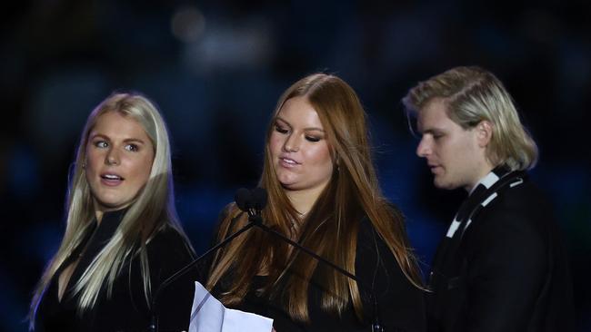 Brooke, Summer and Jackson Warne at their father’s state memorial service. Picture: Mark Stewart