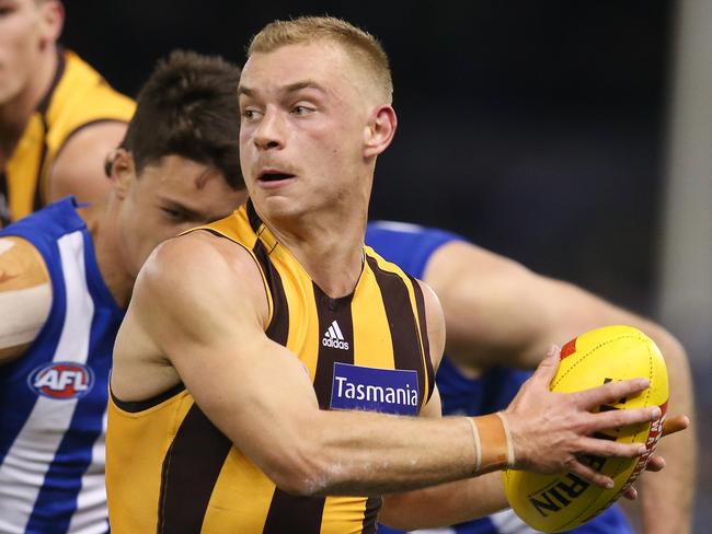 AFL Round 20. 02/08/2019.    North Melbourne v Hawthorn at Marvel Stadium.   Hawthorns James Worpel 1st quarter    .  Pic: Michael Klein