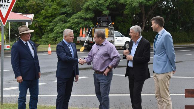 Then-Deputy Prime Minister Michael McCormack and Wide Bay MP Llew O'Brien shake hands as Fraser Coast Councillors (L) Denis Chapman, Phil Truscott and Paul Truscott watch on. It comes after $268 Federal funding was announced for the Tiaro Bypass. Photo: Stuart Fast