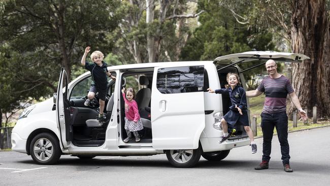 ELECTRIC CAR  Electric car owner Sam Moloney and his kids, Jack, Tula and Jasmine. At Waterworks Reserve, Dynnyrne. Picture Eddie Safarik