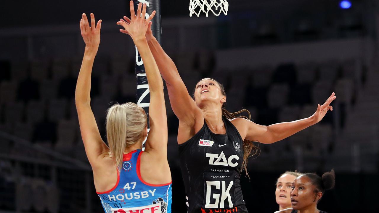 Geva Mentor of the Magpies defends during the round 12 match between Collingwood Magpies and NSW Swifts. Photo: Getty Images