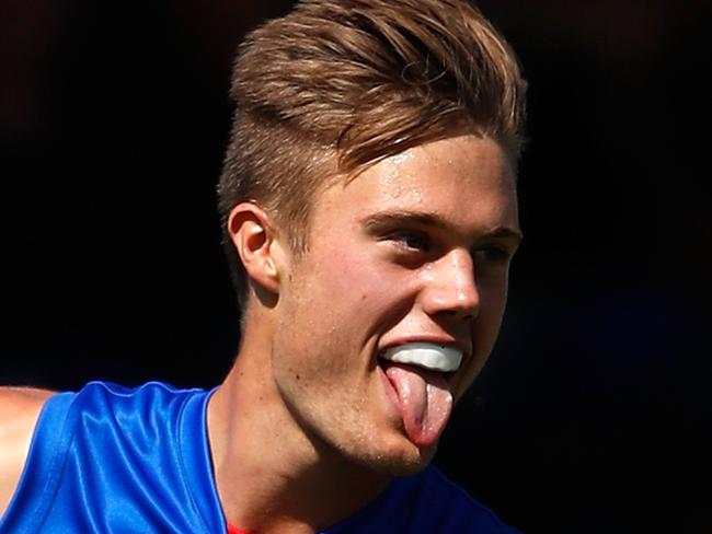 BALLARAT, AUSTRALIA - MARCH 3: Josh Schache of the Bulldogs celebrates his first goal with the Bulldogs during the AFL 2018 JLT Community Series match between the Western Bulldogs and the Hawthorn Hawks at Mars Stadium on March 3, 2018 in Ballarat, Australia. (Photo by Adam Trafford/AFL Media/Getty Images)