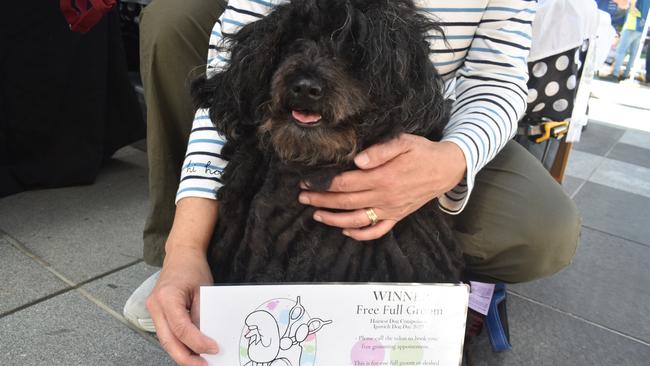 Ipswich 2023 Dog Day at Nicholas Street Precinct pictured is Grit Tarrant with dog Tom who was the hairiest dog winner