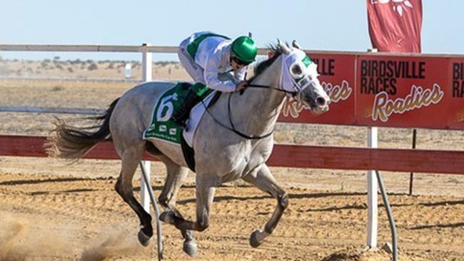 Neodium gallops through the Birdsville dirt to win the 2023 Birdsville Cup in outback Queensland. Picture: Birdsville Races