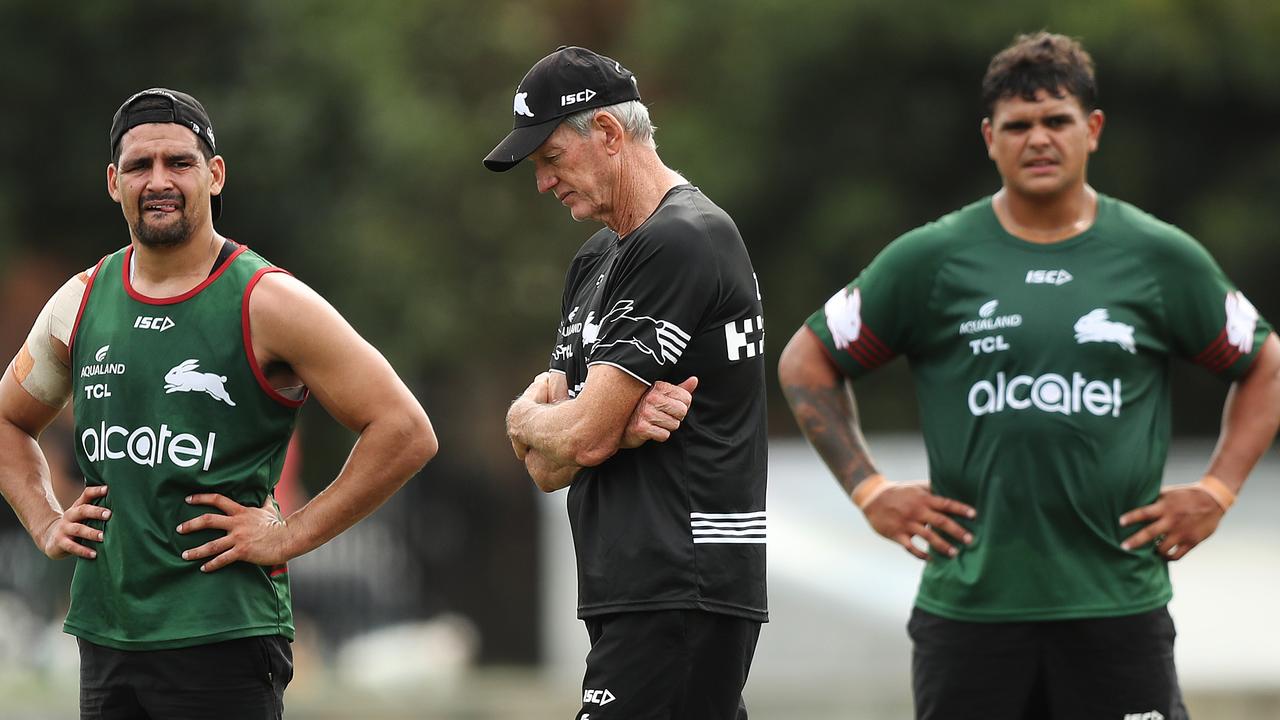 Cody Walker, coach Wayne Bennett and Latrell Mitchell during South Sydney NRL training at Redfern Oval, Sydney. Picture: Brett Costello