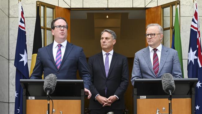 Prime Minister Anthony Albanese, Richard Marles and Matt Keogh hold a press conference at Parliament House in Canberra. Picture: Martin Ollman