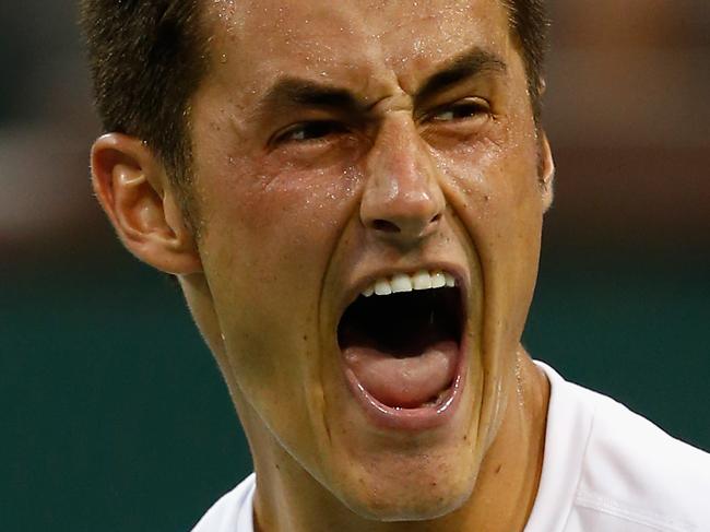 INDIAN WELLS, CA - MARCH 18: Bernard Tomic of Australia celebrates defeating Thanasi Kokkinakis of Australia during day ten of the BNP Paribas Open tennis at the Indian Wells Tennis Garden on March 18, 2015 in Indian Wells, California. (Photo by Julian Finney/Getty Images)