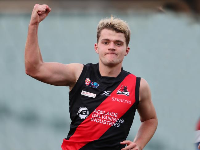 SANFL - Sunday 5th July, 2020 - West Adelaide v Central Districts at the Adelaide Oval. West Adelaide Sam May celebrates his goal with Centrals David Haydon in the background Picture: Sarah Reed