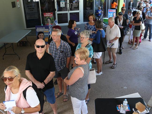 Crowds waiting to vote at the prepolling booth in Lawson St Southport. Picture Glenn Hampson