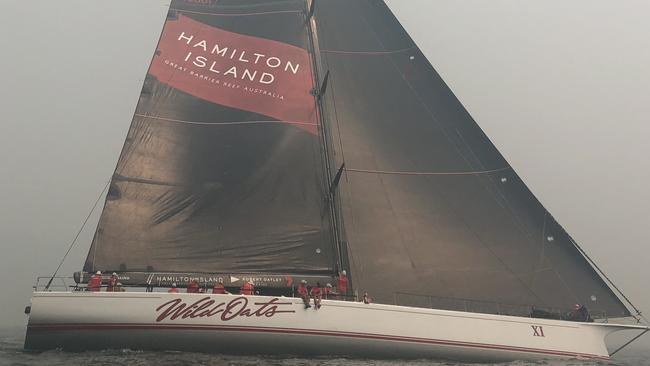 Wild Oats XI on Sydney Harbour, which is blanketed by NSW bushfire smoke.