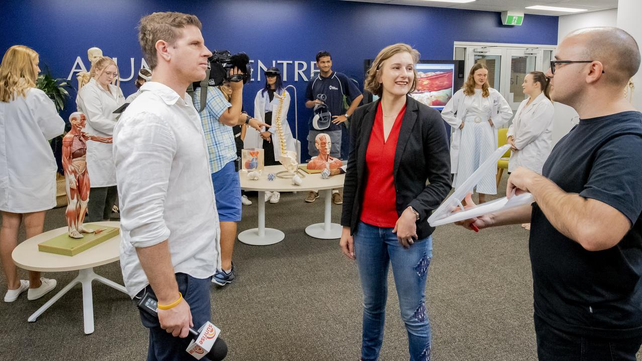 Sunrise weatherman Sam Mac with students at Bond University. Picture: Cavan Flynn/Bond University.