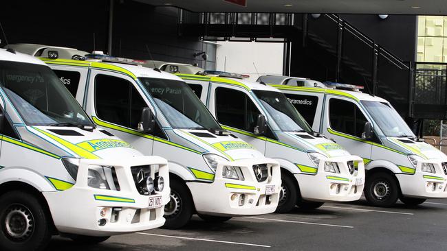 Ambulances lined up at the Gold Coast University Hospital as the ramping issues started up. Pic Tim Marsden.