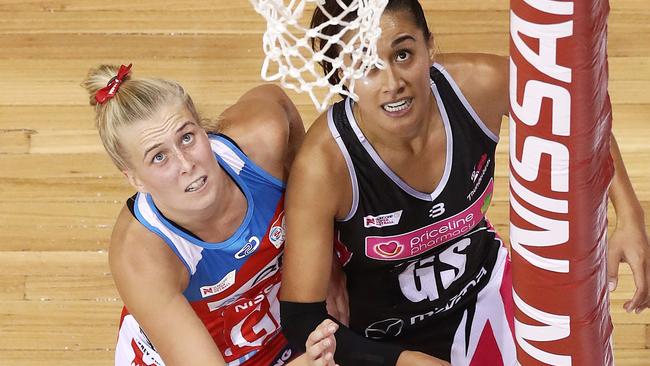 Maddy Turner guarding Maria Folau in the Swifts win in round two. The Swifts are undefeated heeading into their match against Fever. 