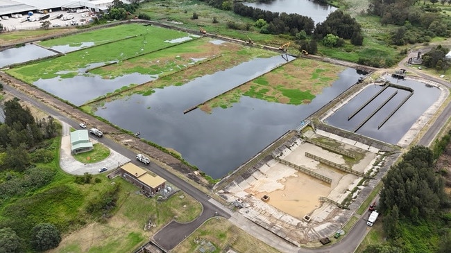 An aerial shot of the Warwick Farm settling pond owned by Sydney Water that has been linked to the mosquito infestation. Picture: Sydney Water.