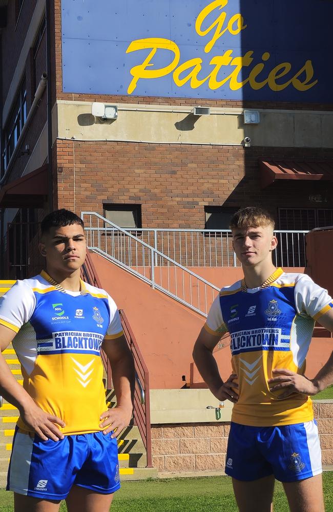 Patrician Brothers College, Blacktown captains Jacob Halangahu and Jared Haywood ahead of the 2024 Peter Mulholland Cup grand final. Picture: Noah Meares