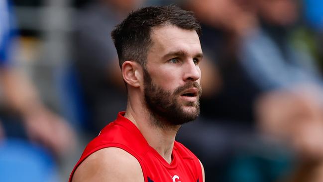 HOBART, AUSTRALIA - AUGUST 6: Joel Smith of the Demons looks on during the 2023 AFL Round 21 match between the North Melbourne Kangaroos and the Melbourne Demons at Blundstone Arena on August 6, 2023 in Hobart, Australia. (Photo by Dylan Burns/AFL Photos)