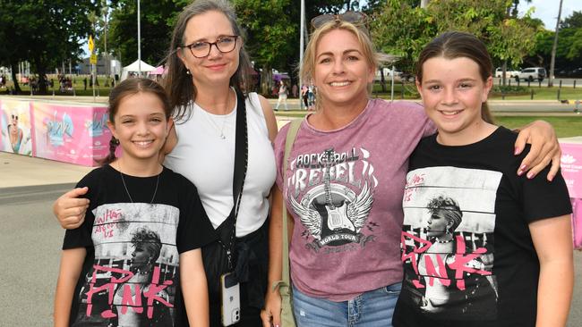 Socials at Pink convert at Townsville's Quensland Country Bank Stadium. Kerry and Sophia Balzarrolo, 11, with Shian Ley with Charlotte, 11. Picture: Evan Morgan