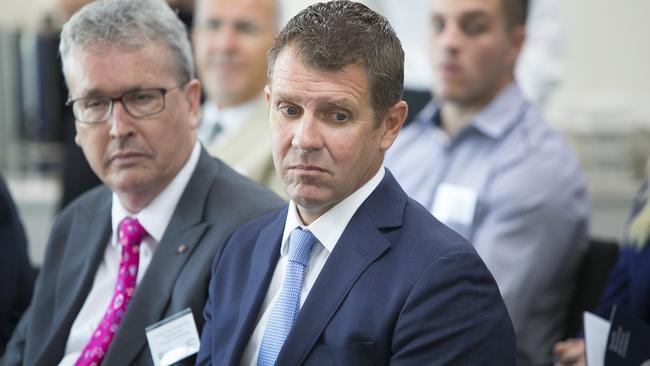 University of Wollongong vice-chancellor Paul Wellings with NSW Premier Mike Baird at the University’s announcement of a campus in Liverpool. Picture: Melvyn Knipe