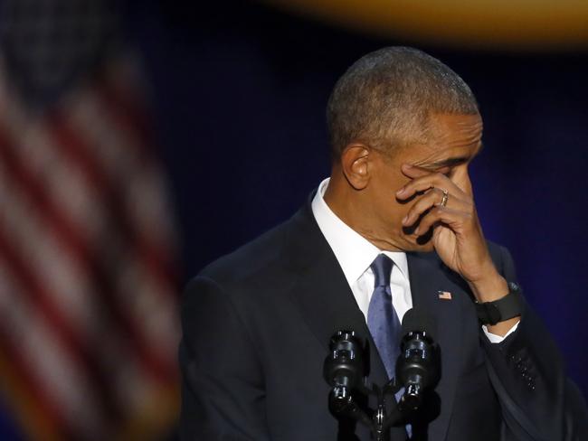 President Barack Obama teared up as he spoke about his family. Picture: Charles Rex Arbogast/(AP Photo