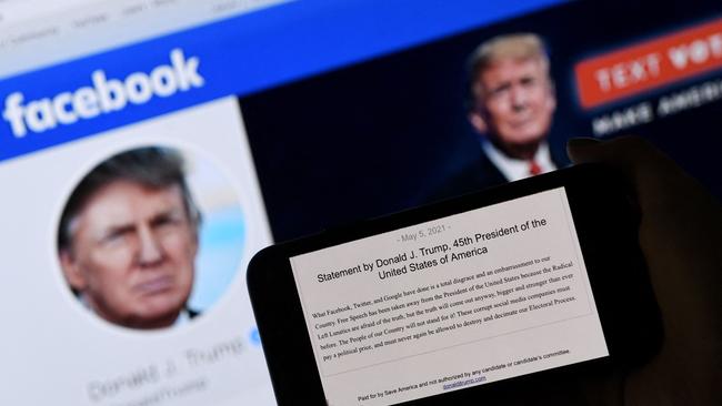 Donald Trump says it’s a ‘total disgrace’ for online giants to institute social media bans. Picture: AFP