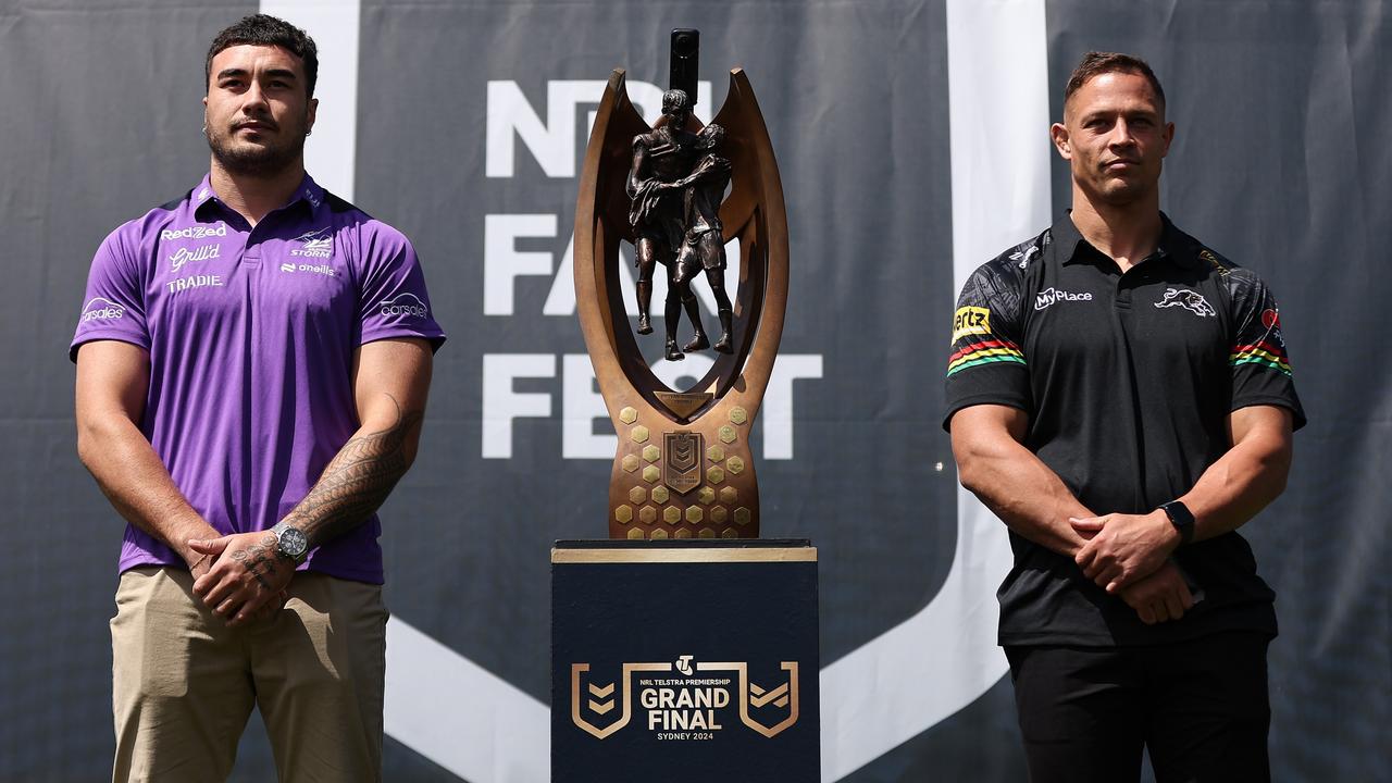 Scott Sorensen (right is hoping for a smoother grand final celebration this year if he’s able to take the field and help Penrith win another title. Picture: Brendon Thorne/Getty Images