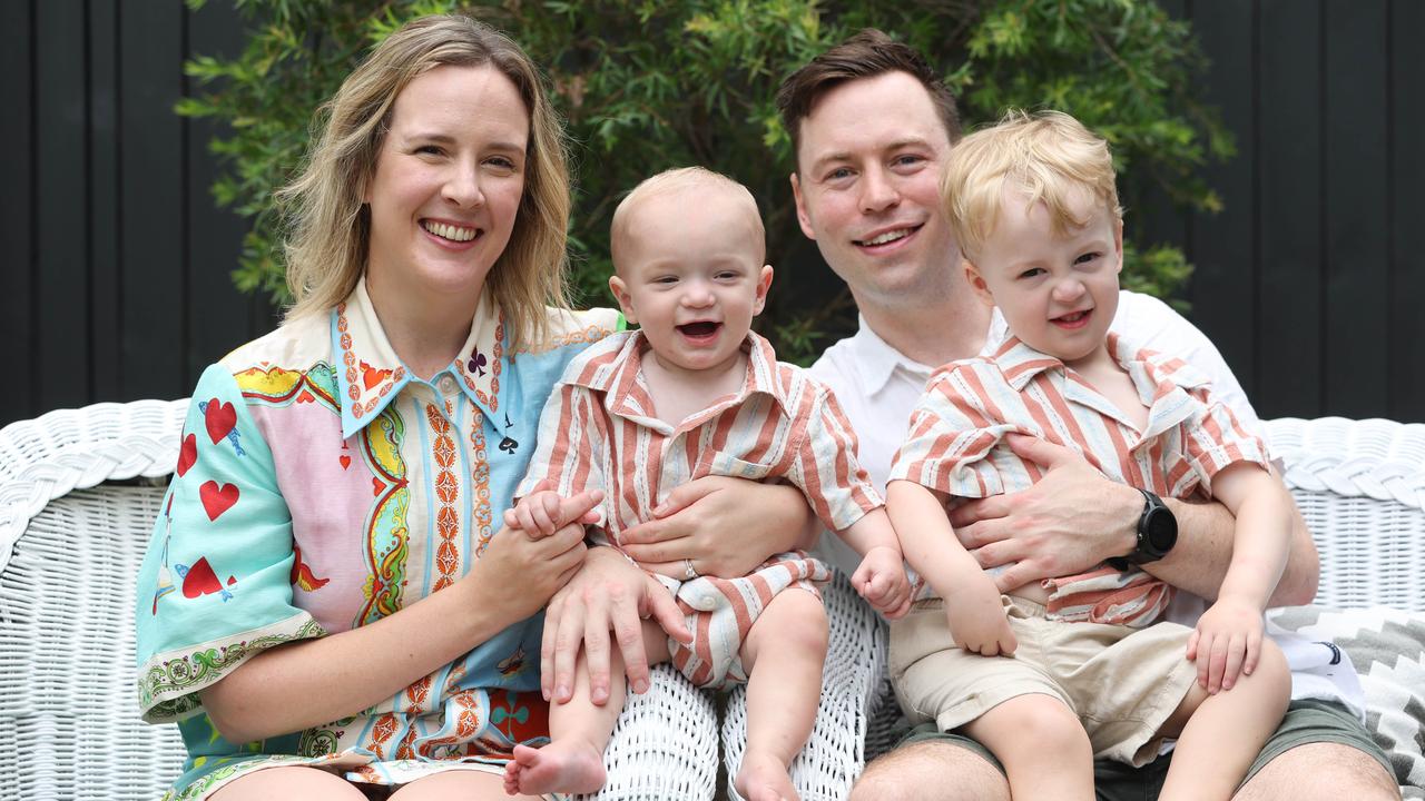 Dr Timothy and Chelsea Beckman with sons Emrys after Craniofacial surgery and brother Harry. Picture: Annette Dew