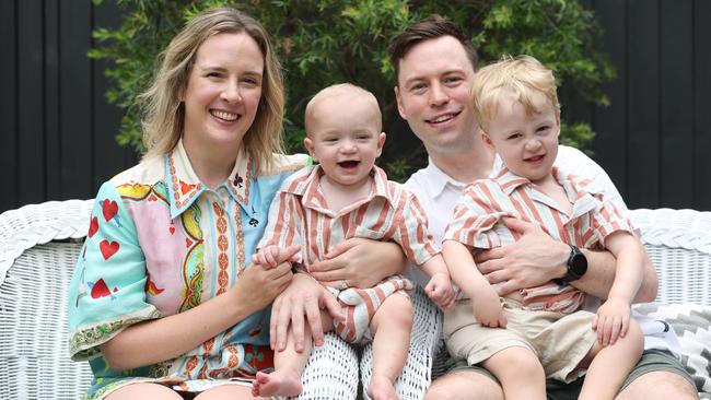 Dr Timothy &amp; Chelsea Beckman with sons Emrys 1yrs after Craniofacial surgery and brother Harry 3yrs. Picture: Annette Dew