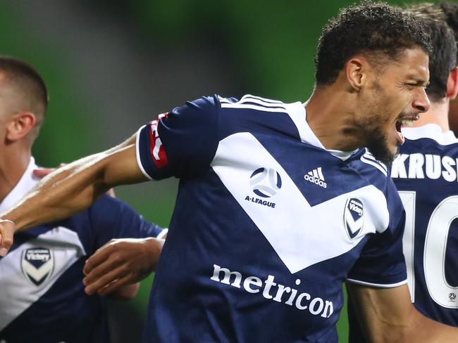 MELBOURNE, AUSTRALIA - FEBRUARY 24: Rudy Gestede of the Victory celebrates after scoring a goal during the A-League match between the Melbourne Victory and the Wellington Phoenix at AAMI Park, on February 24, 2021, in Melbourne, Australia. (Photo by Mike Owen/Getty Images)