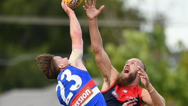 MELBOURNE, AUSTRALIA — FEBRUARY 18: Jordan Roughead of the Bulldogs and Max Gawn of the Demons compete in the ruck during the 2017 JLT Community Series match between the Western Bulldogs and the Melbourne Demons at Whitten Oval on February 18, 2017 in Melbourne, Australia. (Photo by Quinn Rooney/Getty Images)