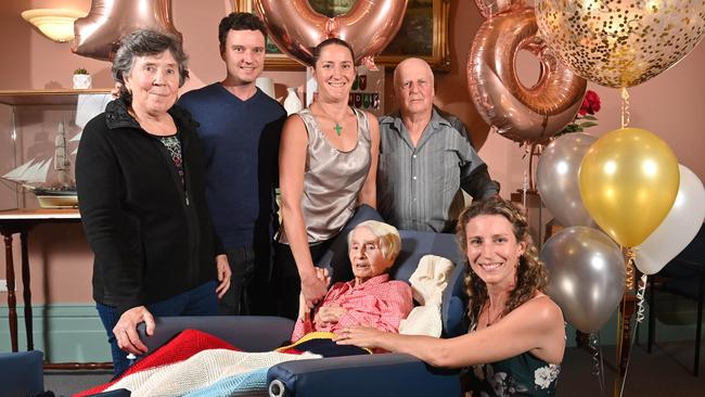 Dorothy Stone celebrating her 108th birthday in the Aldersgate Residential Aged Care. She celebrated with daughter-in-law Cathy Stone, grandson Ben Stone, granddaughter Jasmine Robinson (Dorothy), nephew Phillip Baldock and granddaugther Renee Turner. Picture: Keryn Stevens