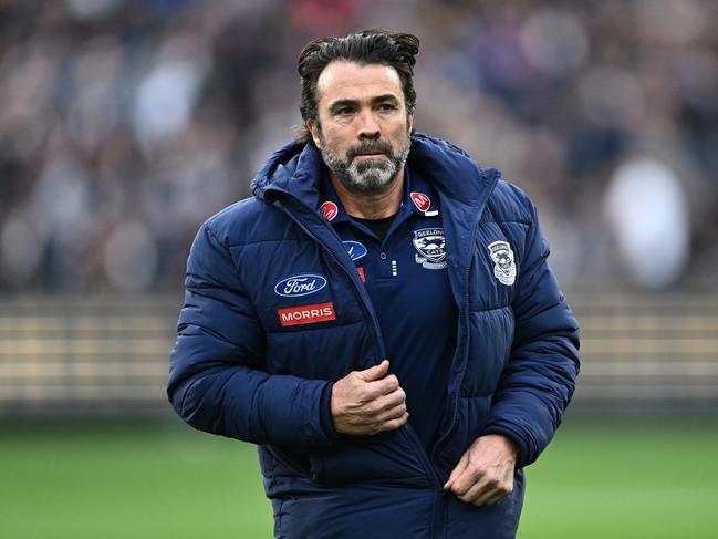 MELBOURNE, AUSTRALIA - SEPTEMBER 21: Chris Scott, Senior Coach of the Cats looks on before the AFL Preliminary Final match between Geelong Cats and Brisbane Lions at Melbourne Cricket Ground, on September 21, 2024, in Melbourne, Australia. (Photo by Quinn Rooney/Getty Images)