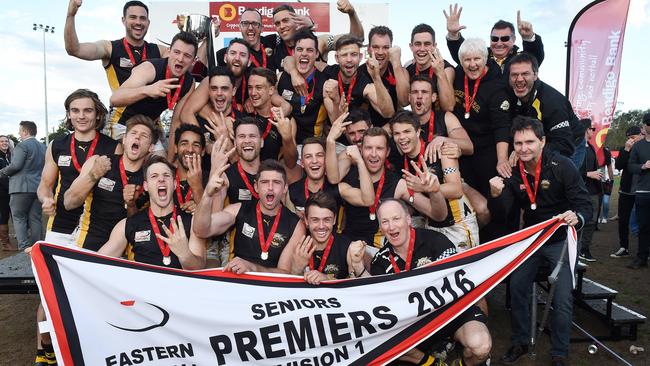 Powerhouse Balwyn celebrates its 2016 EFL premiership. Picture: Steve Tanner