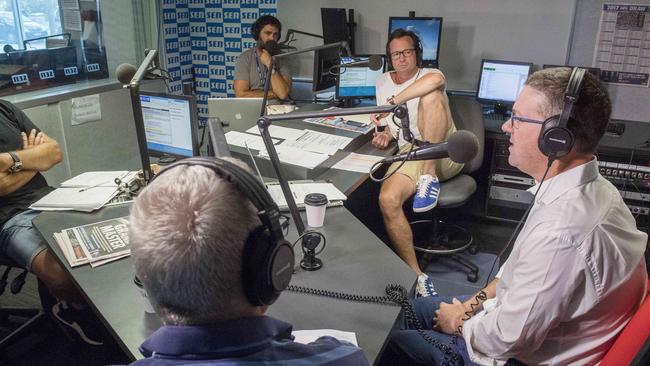 Lyon and Hamish Mclachlan chat with AFL Players Association CEO Paul Marsh. Picture: Jason Edwards