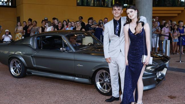 Indra Kiiver and Audrey Peden arrive at the Trinity Bay High School formal evening, held at the Cairns Convention Centre. Picture: Brendan Radke