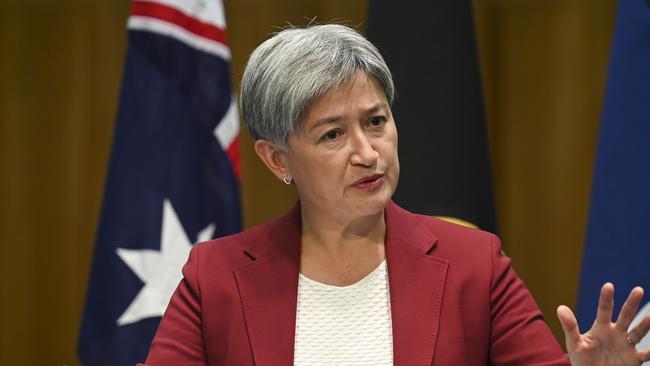 Foreign Minister Penny Wong holds a press conference at Parliament House in Canberra. Picture: NCA NewsWire / Martin Ollman