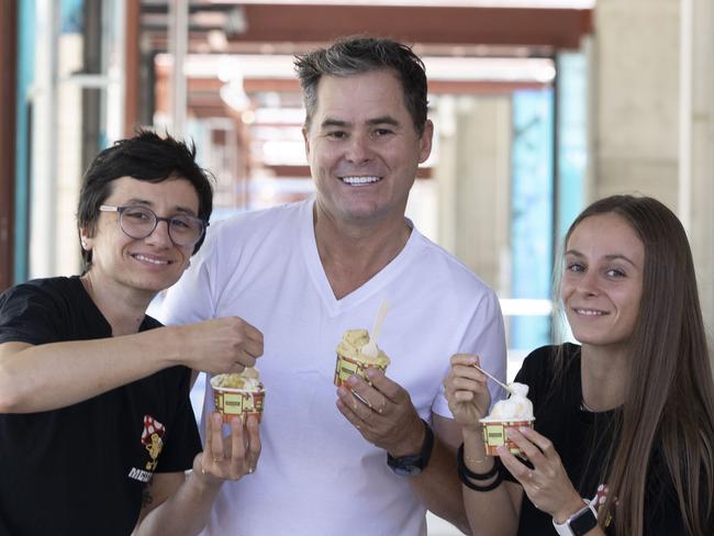 Cult ice cream brand Gelato Messina is among a lineup of new tenants that are going to move into the landmark development of the former Le Cornu site in North Adelaide. Commercial & General executive chairman Jamie McClurg - with Gelato Messina staff members  Elisa Scovoli, Store Manager and Alessia Ferizi, Bar Supervisor at the development which is nearing completion by the middle of the year. 21st January 2025 Picture: Brett Hartwig