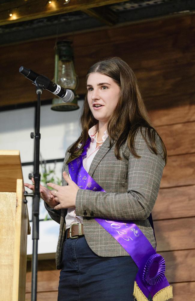 Alyssa Rodighiero, representing Oakey, speaking at the Darling Downs Showgirl announcement at the People First Bank Toowoomba Royal Show, Saturday, March 29, 2025. Picture: Kevin Farmer
