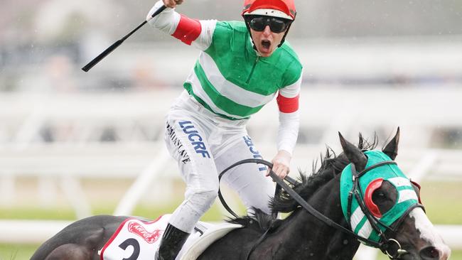 Jockey Damian Lane rides Mer De Glace to victory at the Caulfield Cup, which may be held in November this year.