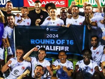 Hume City celebrates its Australia Cup win over Darwin Hearts.