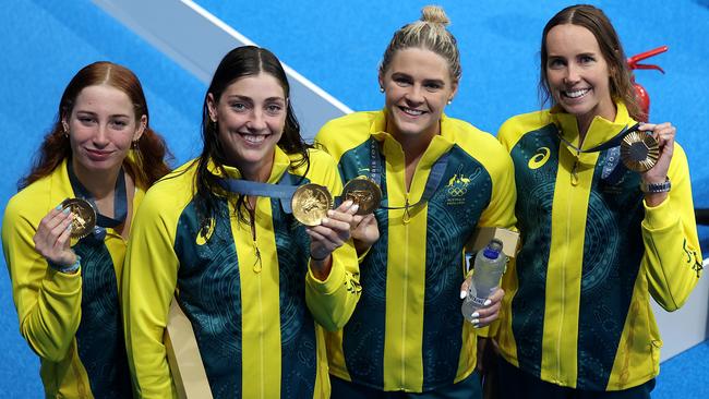 Gold medallists Mollie O'Callaghan, Meg Harris Shayna Jack and Emma McKeon. Picture: Quinn Rooney/Getty Images