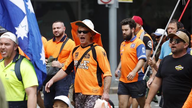 CFMEU workers pictured marching through the streets of Brisbane, 27th August 2024.