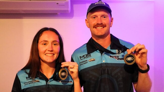 Billie Byers and William Robinson of the Eastside Football Club. Picture: AFLNT Media