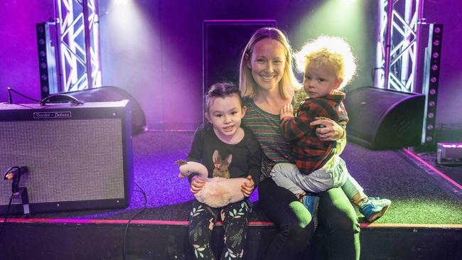 Small Fry Rock creator Kristie Tainton with her children Edie (5) and Milo (3). Picture: Glenn Hunt