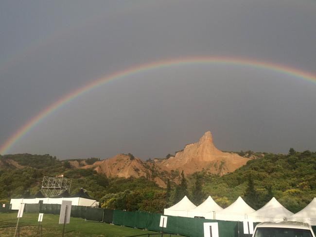 A rainbow formed over the washed out commemorative site, hours before the Anzac Day Dawn Service at Gallipoli. Picture: Ella Pellegrini